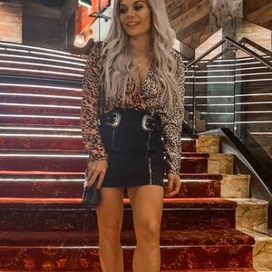 Black denim belted skirt